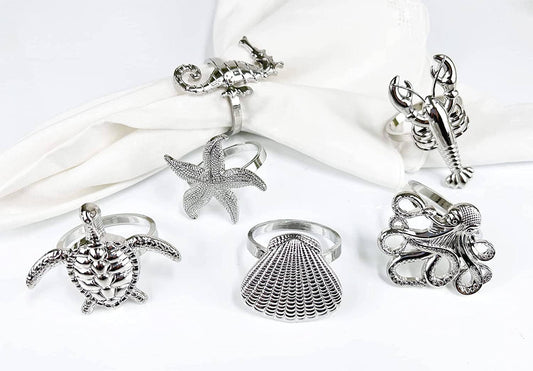 Silver Coastal Sea Creatures Metal Napkin Rings - Set of 6