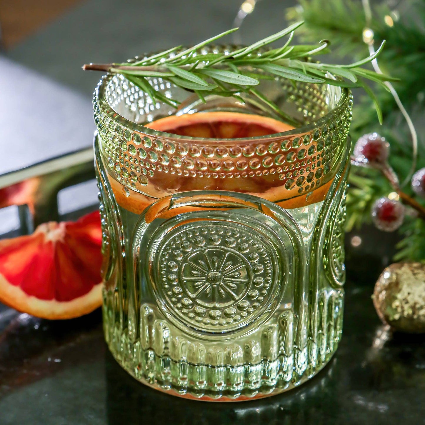 10 oz. Ribbed Retro Arch Floral Green Drinking Glasses (Set
