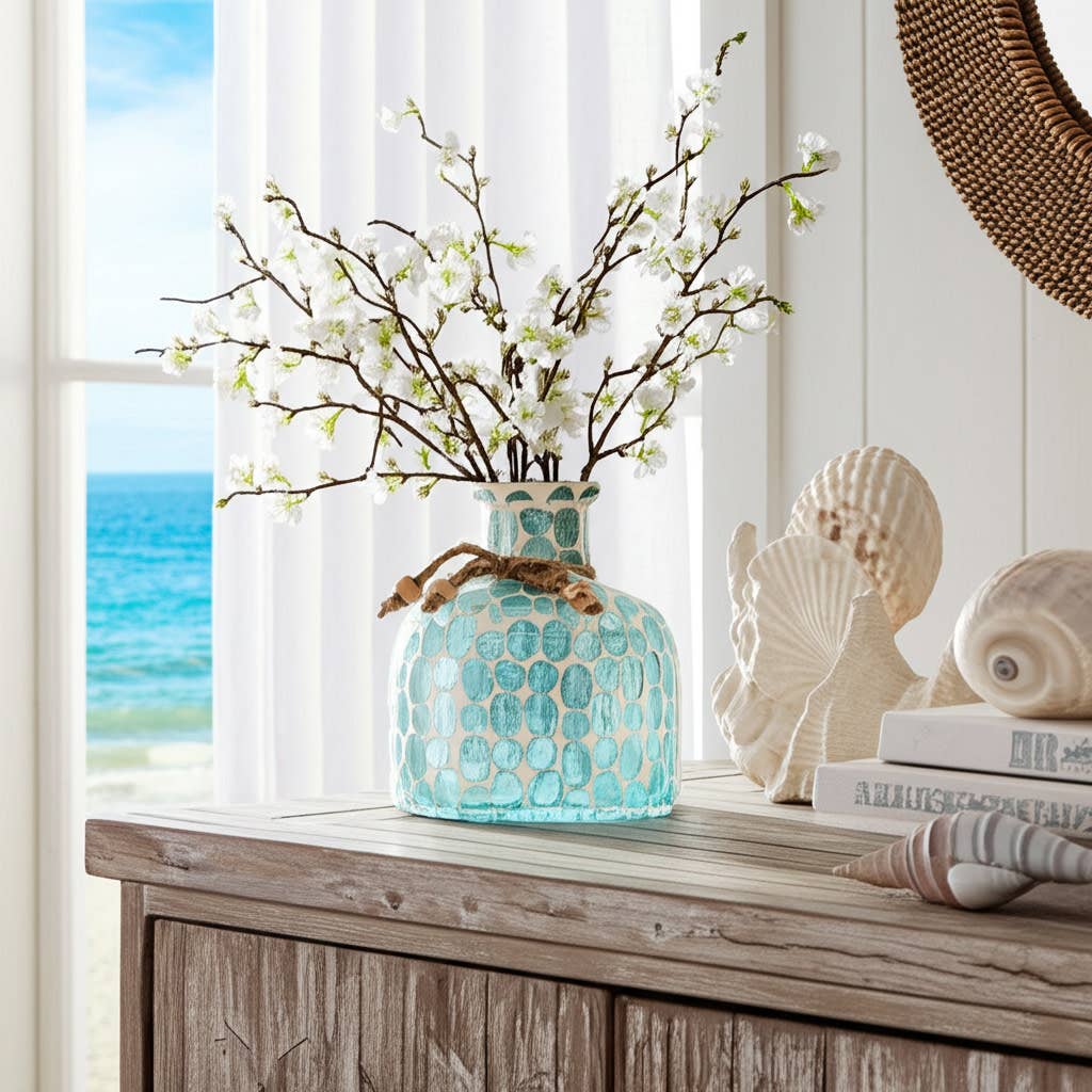 Glass Mosaic Textured Round Accents Vase - Blue, 6 in.