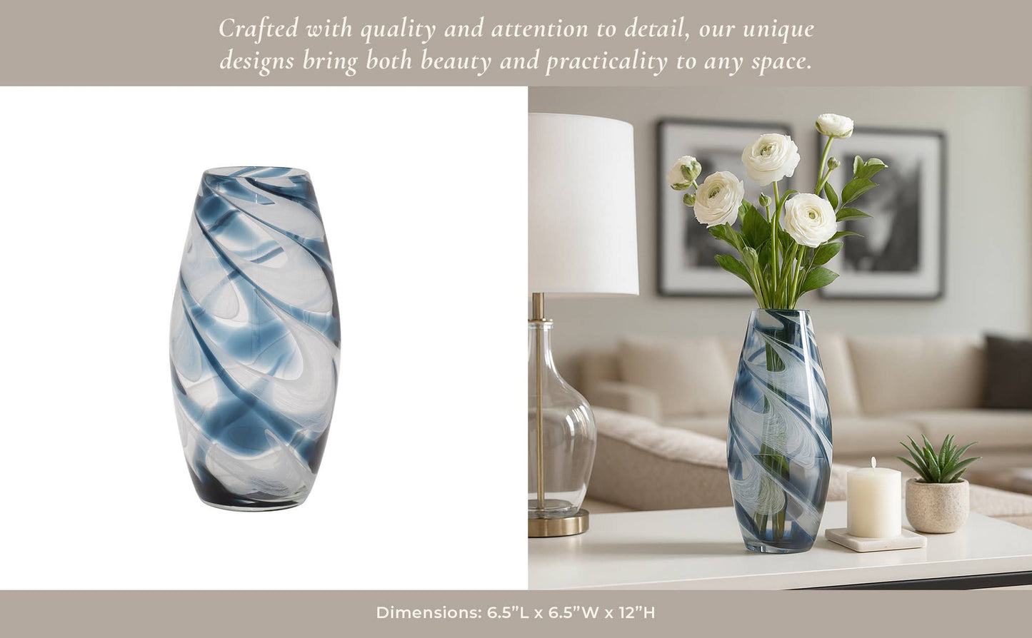 Glass Hand Blown Coastal Swirl Vase - Blue, 12 in.