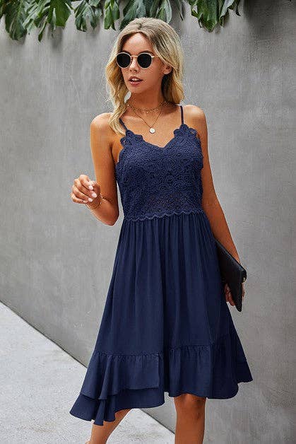 Spaghetti Strap Solid Ruffle Dress - With Lace Detailing
