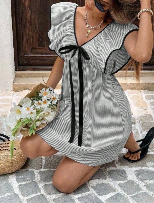 Striped Mini Dress with Ruffle Sleeves and Front Bow