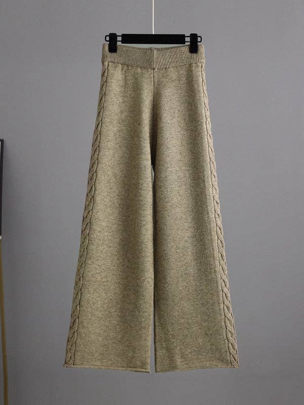 Urban Loose Solid Color V-Neck Sweater Tops& Wide Leg  Pants Suits