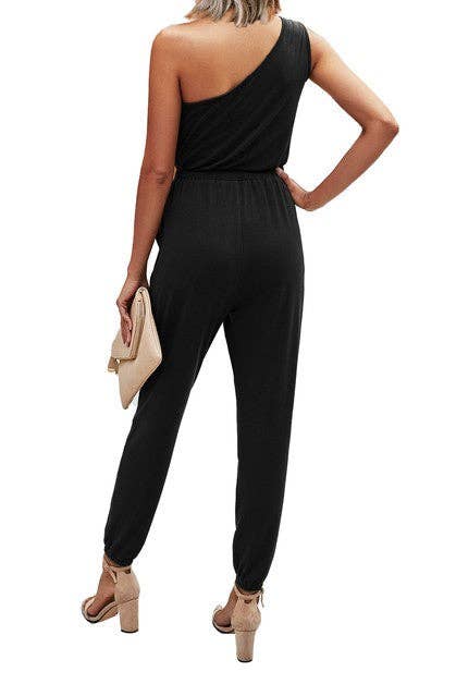 One Shoulder Drawstring Jumpsuit - Clearance