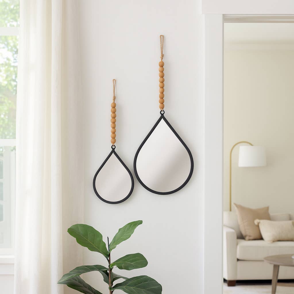 Wall Mirror Set of 2 - Silver Metal Wood Teardrop, 11/14 in.