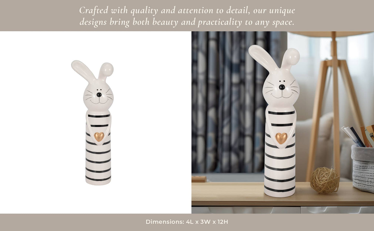 Ceramic Lines Bunny with Gold Heart Figurine - Black, 12 in.