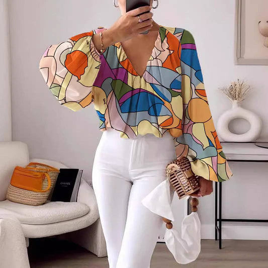 Printed V-Neck Long Sleeve Shirt Elegant Women's Loose Solid