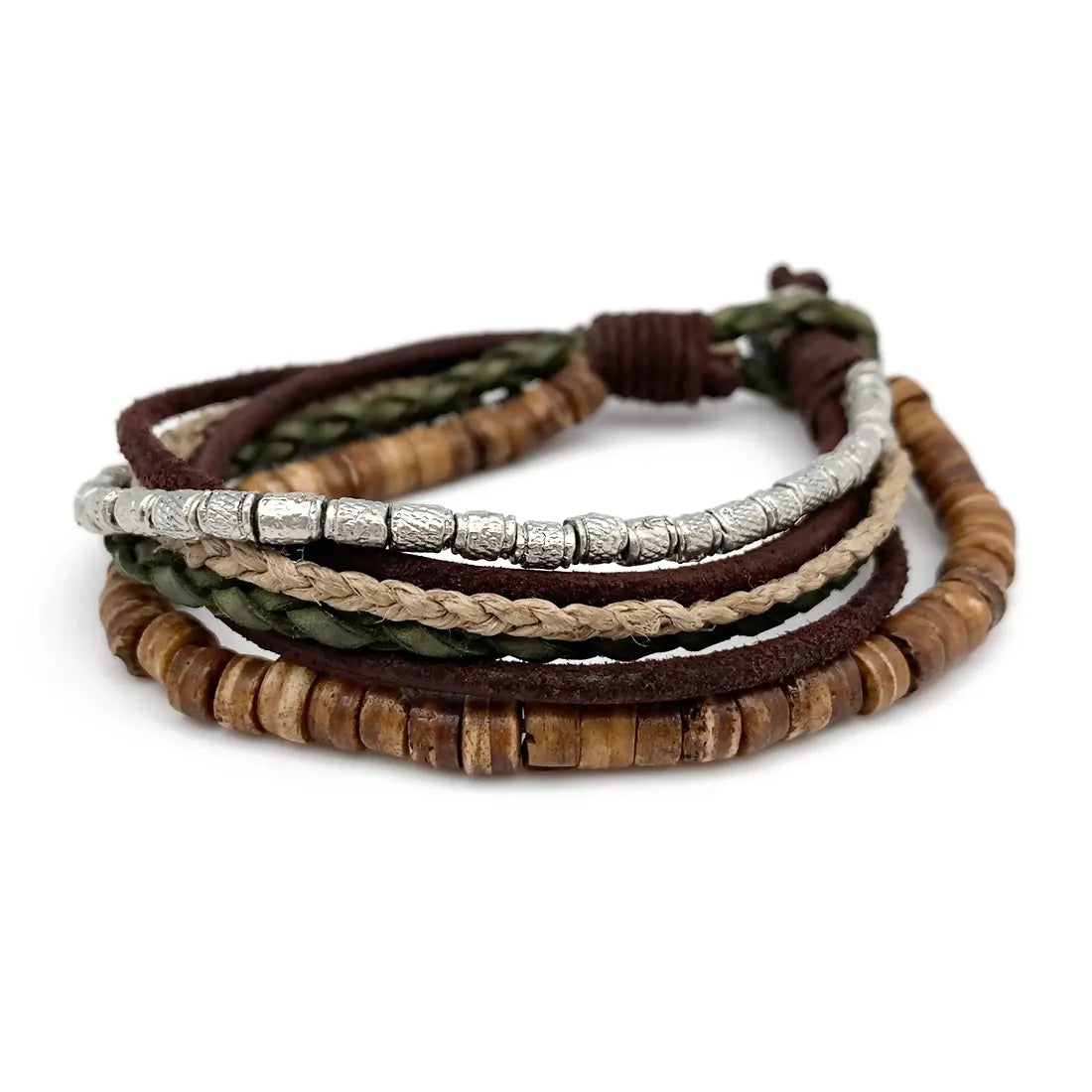 Aadi Wood, Leather, Jute, Metal Pre-Layered Bracelet