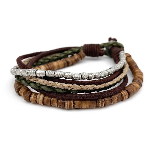 Aadi Wood, Leather, Jute, Metal Pre-Layered Bracelet