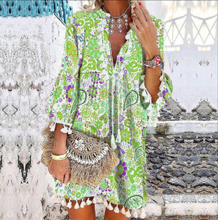 Women Print V Neck Tassel 3/4 Sleeve Shift Dress Bohemian Casual Knee Length Dress