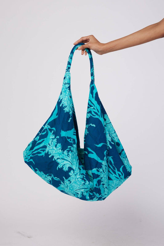 Adra Lined Hobo Beach Bag With Zip Closure - Navy Aqua Coral