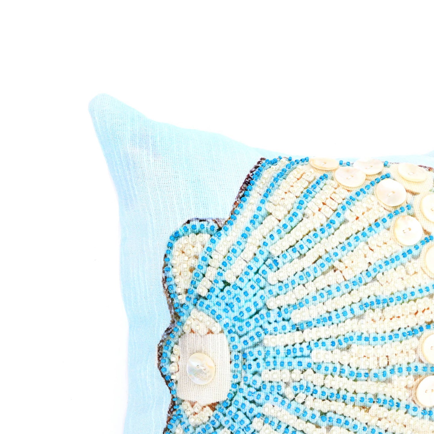 Print & Beadwork Seashell Pillow-Blue & Ivory 18"x18"