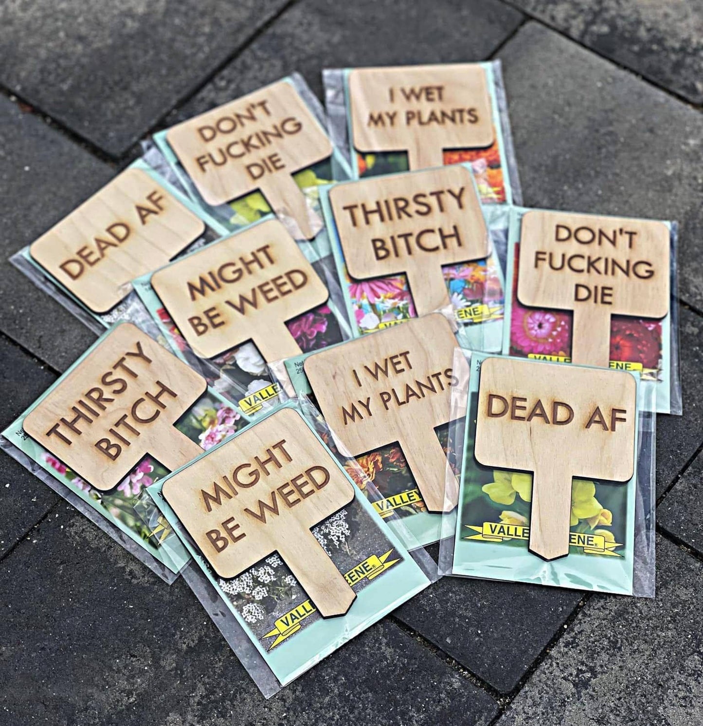 Snarky Engraved Wood Plant Stakes with Seed Packs