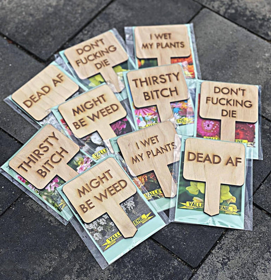 Snarky Engraved Wood Plant Stakes with Seed Packs