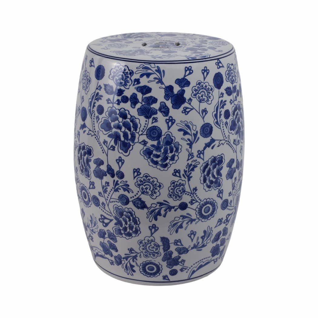 Ceramic Elegant Hydrangea Chinoiserie Stool - Blue, 17 in.