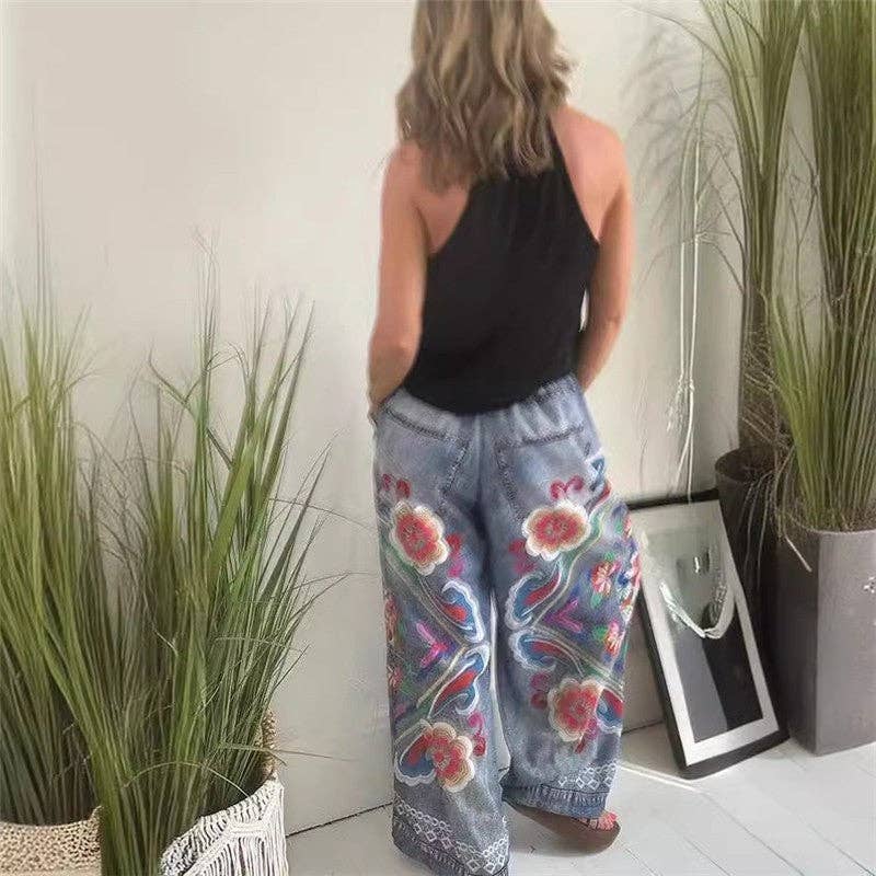 Loose Fit Leisure Pants With Denim Print Design