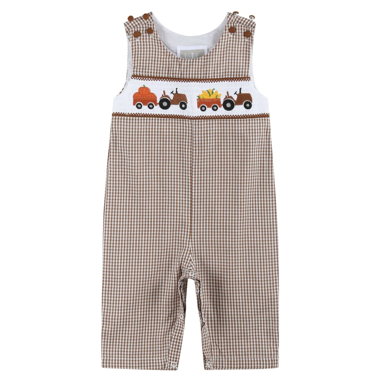 Brown Gingham Pumpkin and Corn Tractor Overalls