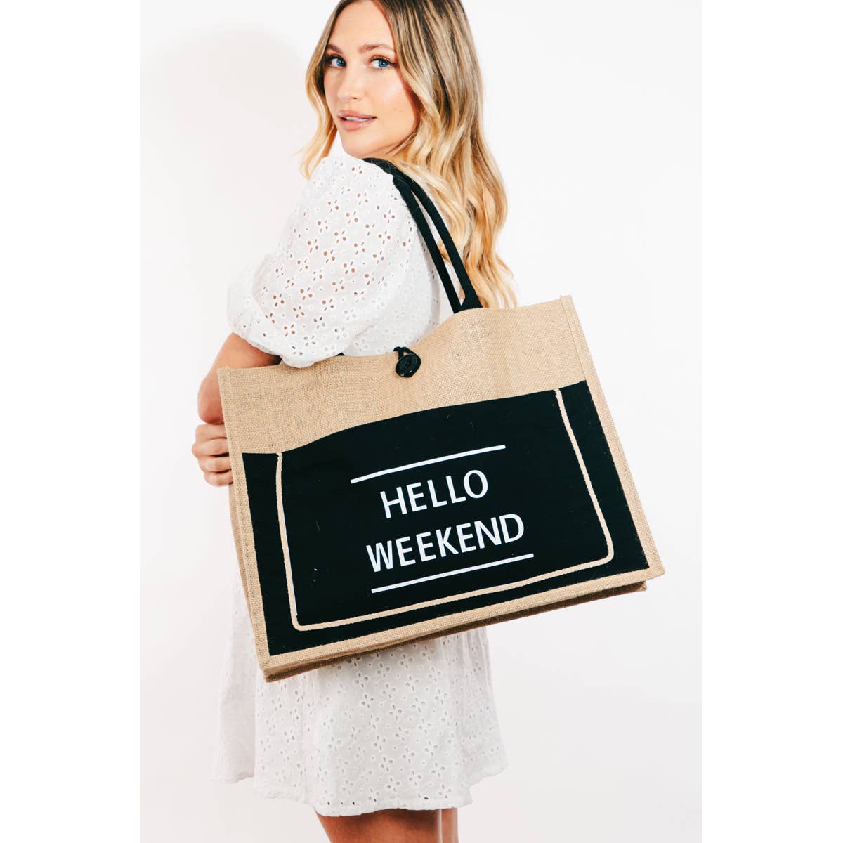Hello Weekend Burlap Tote Bag - Standard Width