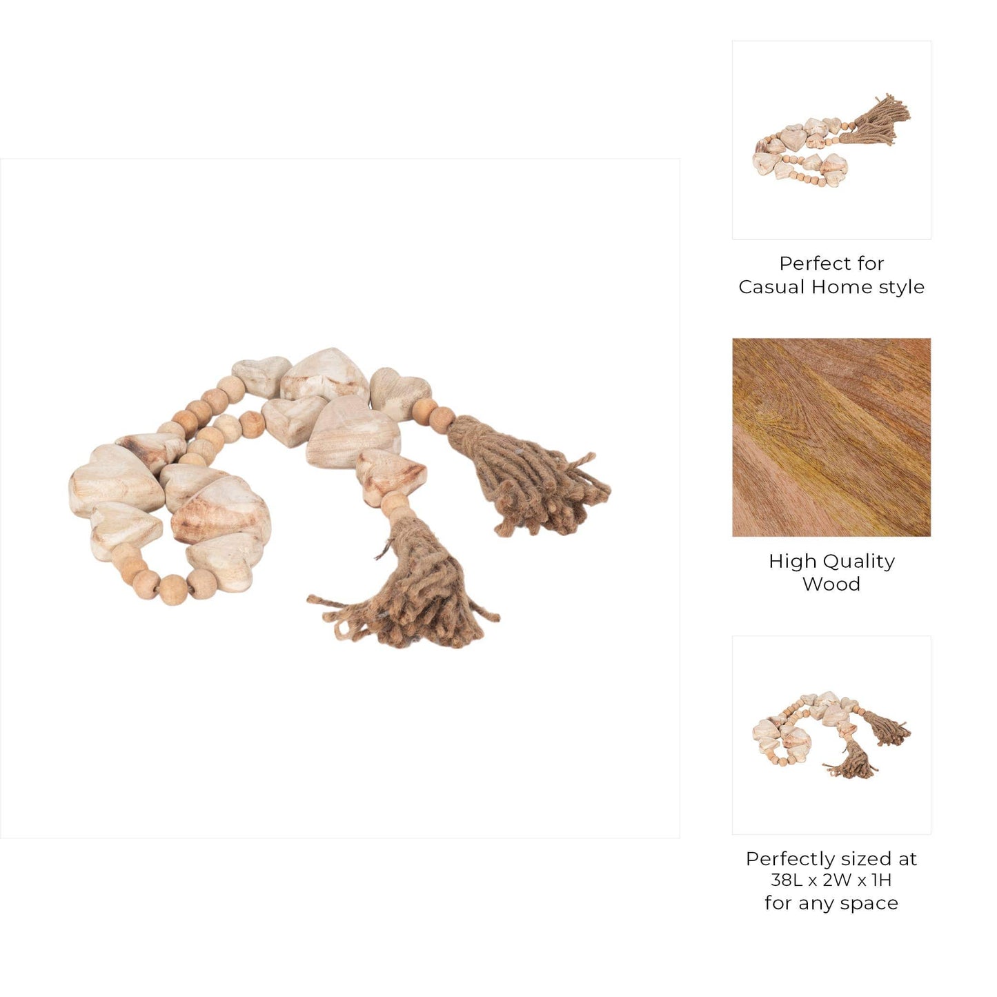 Wood Woven Heart Beaded Garland with Tassels - White, 38 in.