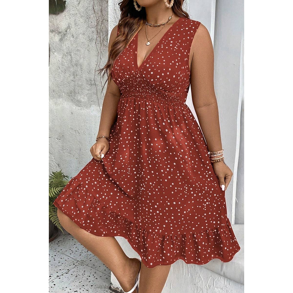 Plus Polka Dot Waist Shirred Sleeveless Fit Dress