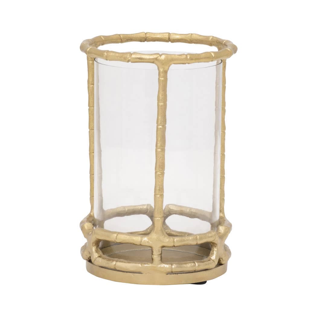Hurricane Candle Holder - Gold Metal Cylinder Modern, 9 in.