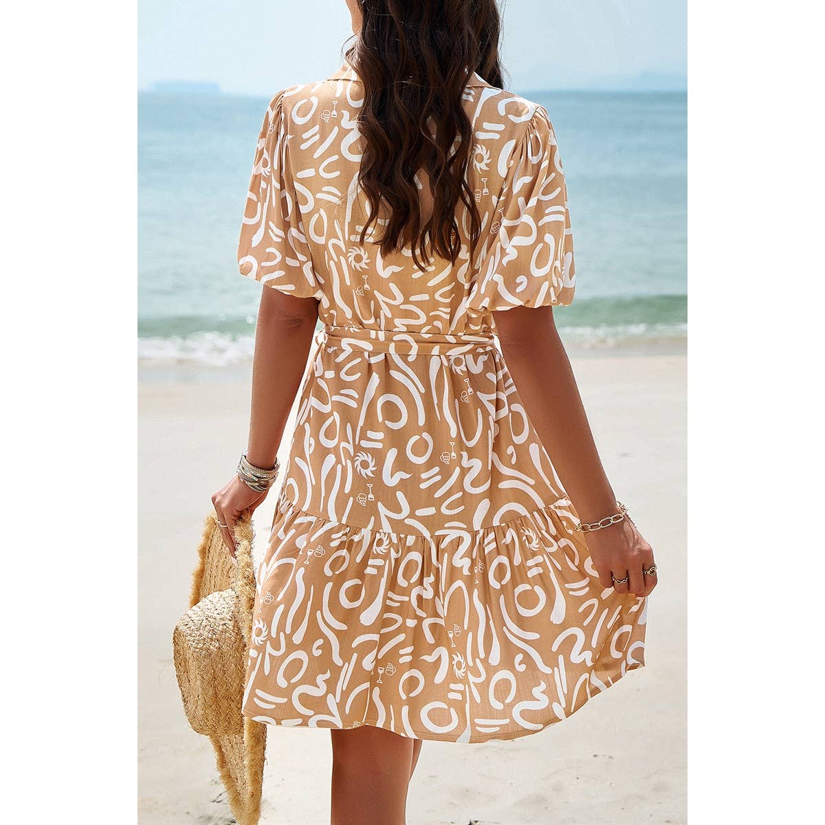 Allover Print Ruffle Front Button Open Belt Dress