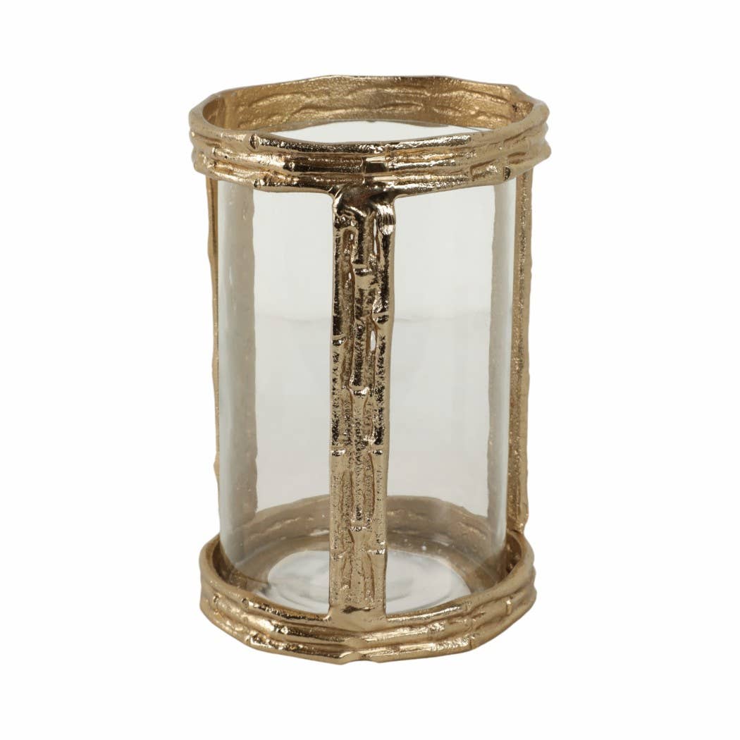 Gold 8 in. Metal Hurricane with Glass Candle Holder