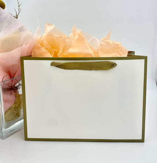 White with Gold border gift bag w/free tissue  , pack of 20