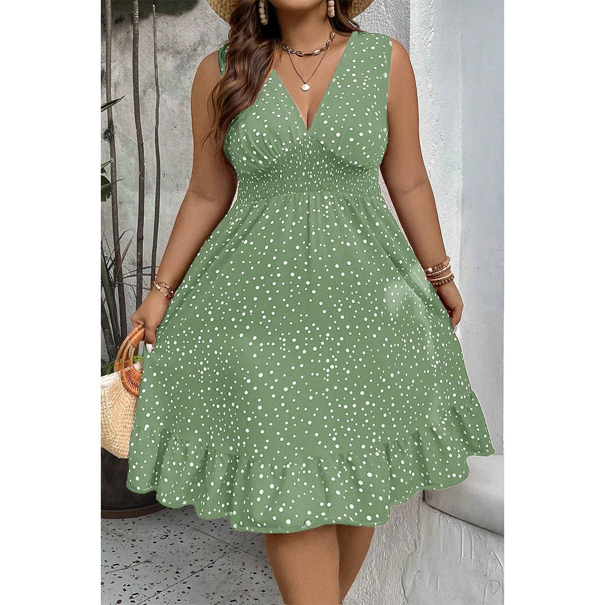 Plus Polka Dot Waist Shirred Sleeveless Fit Dress