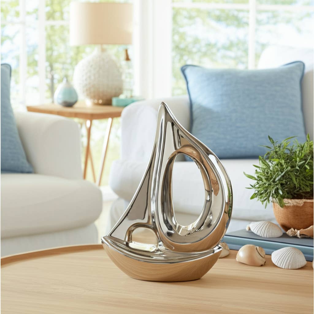 Ceramic Coastal Sailboat Sculpture Decor - Silver, 8 in.