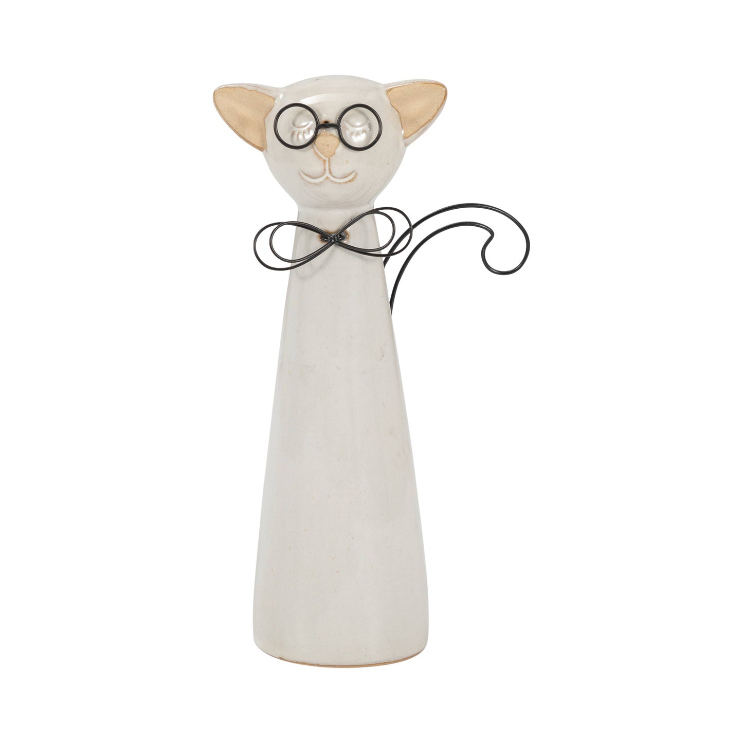 Ceramic Cat Figurine with Glasses and Bow - White, 11 in.