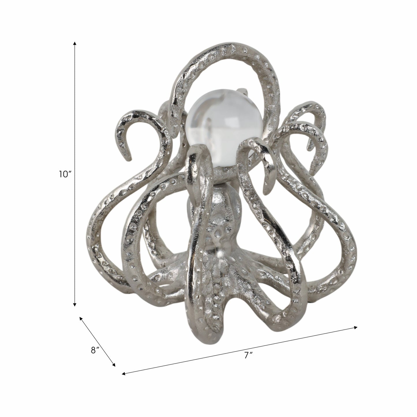 Figurine - Silver Metal Octopus with Acrylic Ball, 8 in.