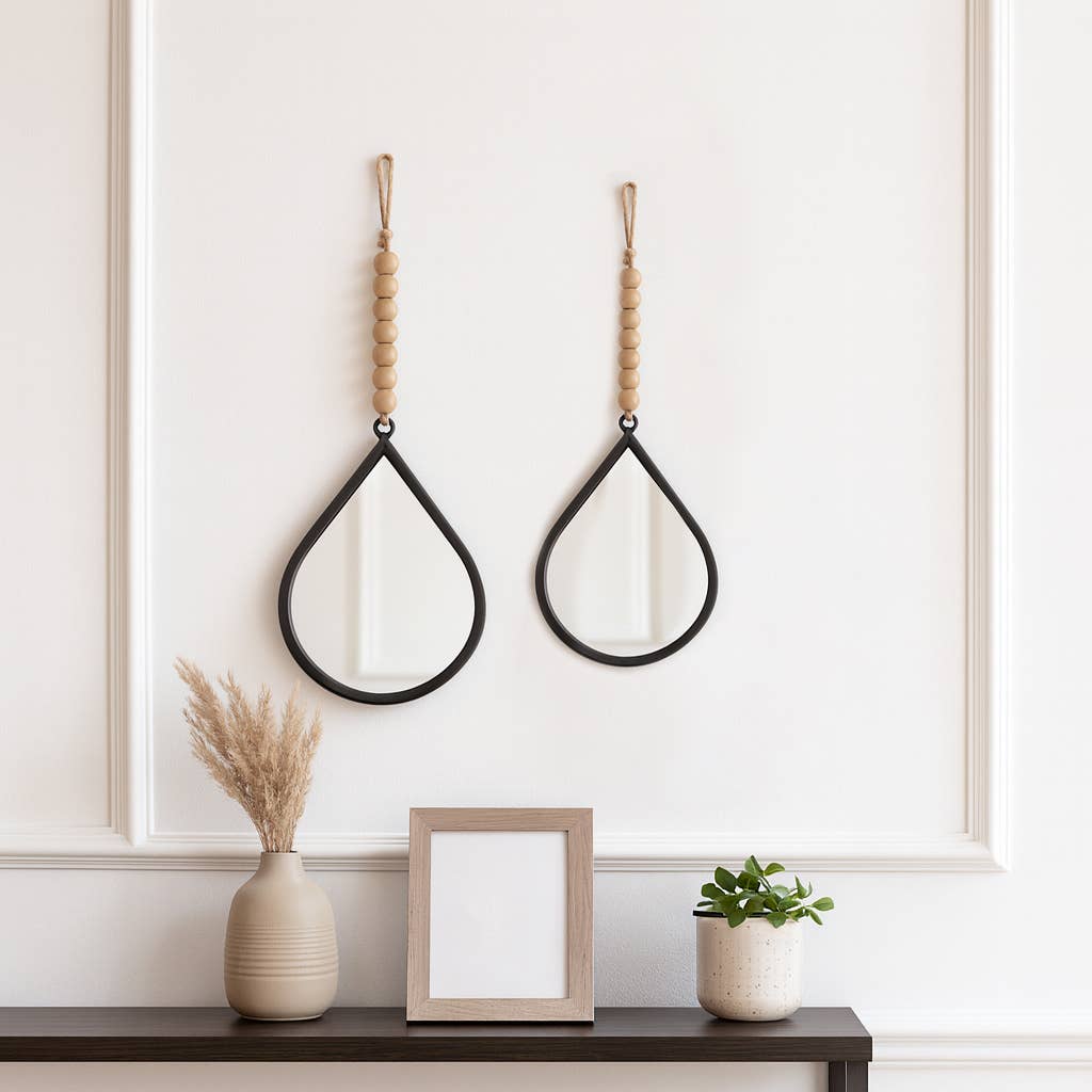 Wall Mirror Set of 2 - Silver Metal Wood Teardrop, 11/14 in.