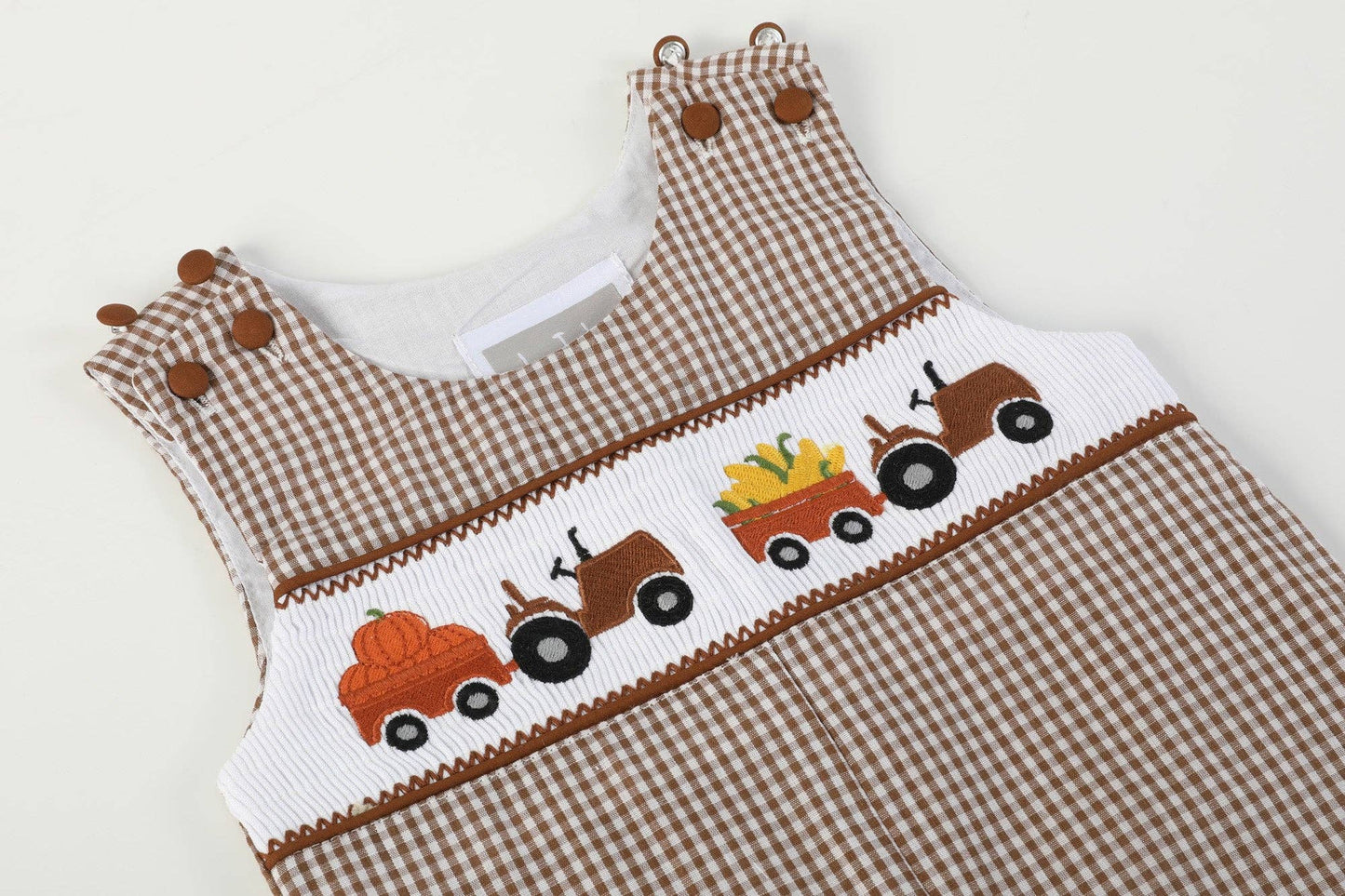 Brown Gingham Pumpkin and Corn Tractor Overalls