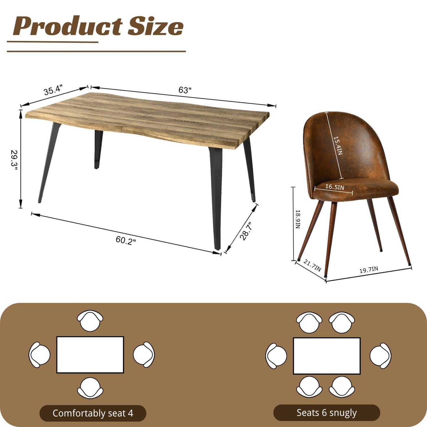 5-Piece Dining Set-63" Wave-Edge Wal Table and Chair Options