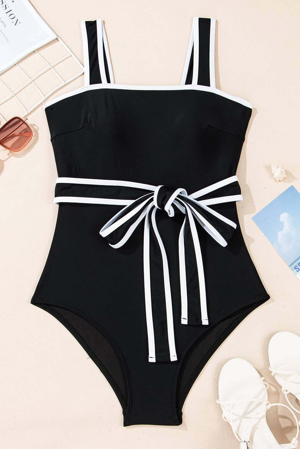 Colorblock Edge Belted One Piece Swimsuit (S-XL)