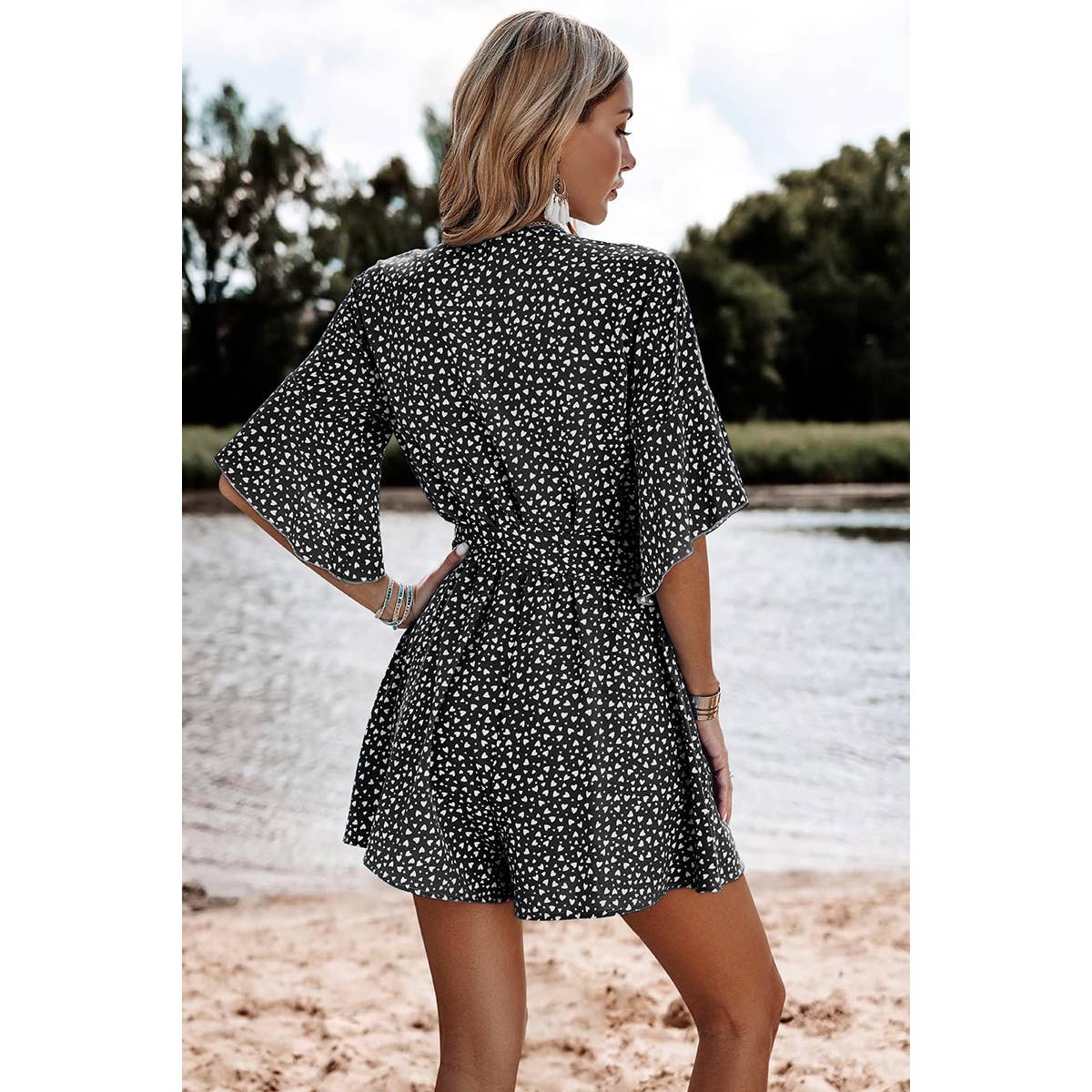 V Neck Ruffled Belted Flared Hemmed Romper