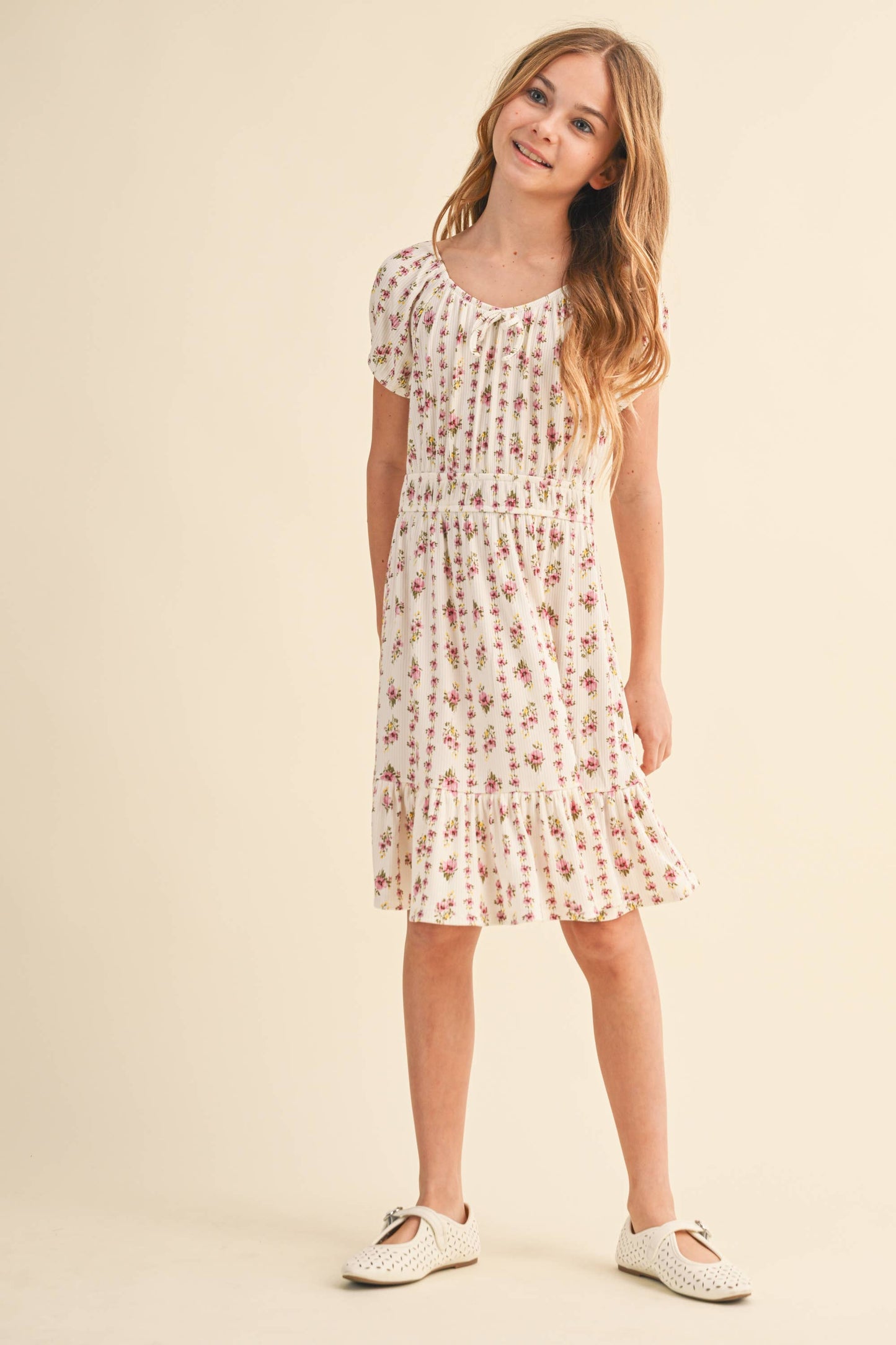 TWEEN KIDS GIRLS PUFF SLV SMOCK WAIST TIERED DRESS (7-12)