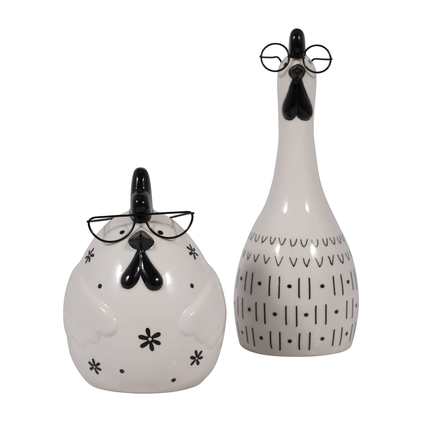 Black/White 7 in. Chubby Rooster with Glasses Figurine