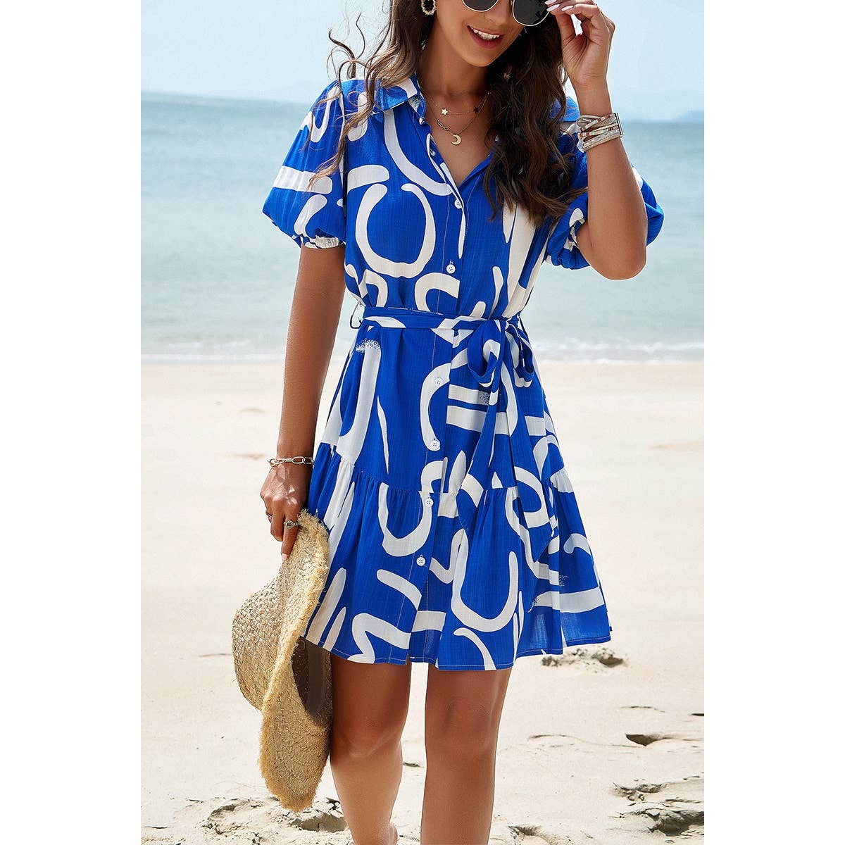 Allover Print Ruffle Front Button Open Belt Dress