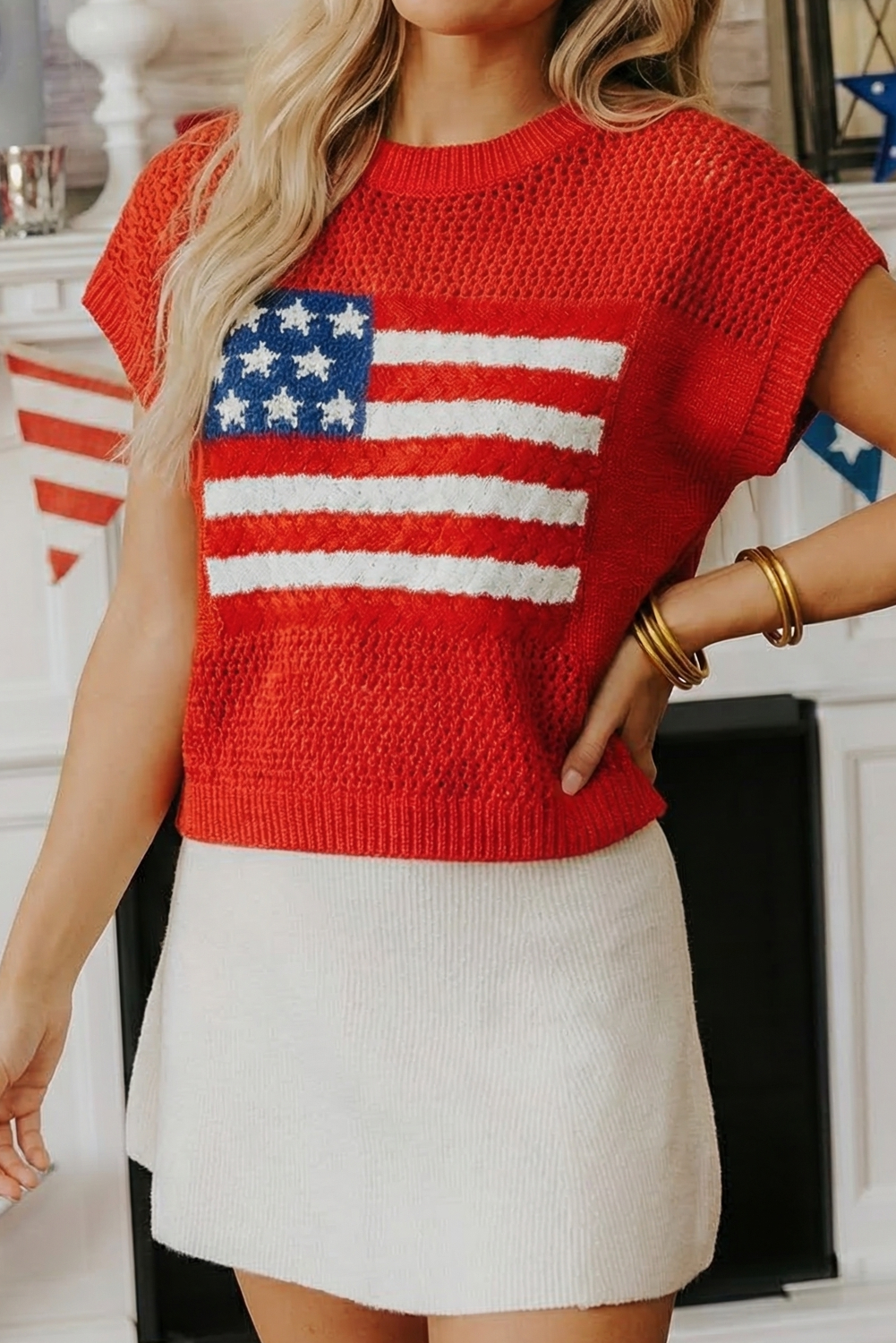 Spring Flag Graphic Short Sleeve Sweater Top (S-XL)