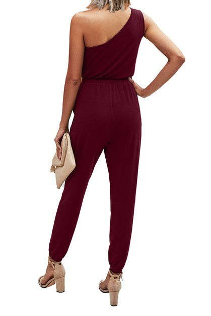 One Shoulder Drawstring Jumpsuit - Clearance