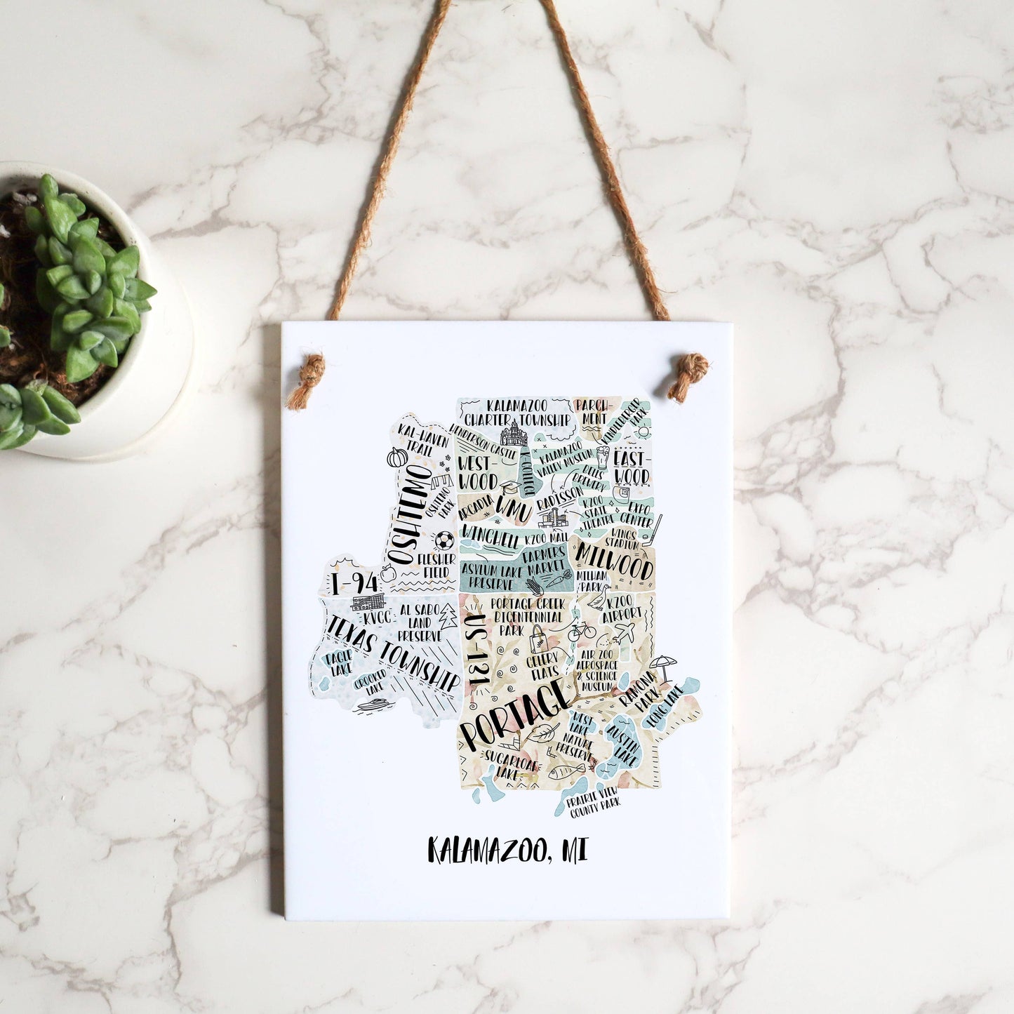 Wendell North Carolina landmark map tile sign, hand drawn