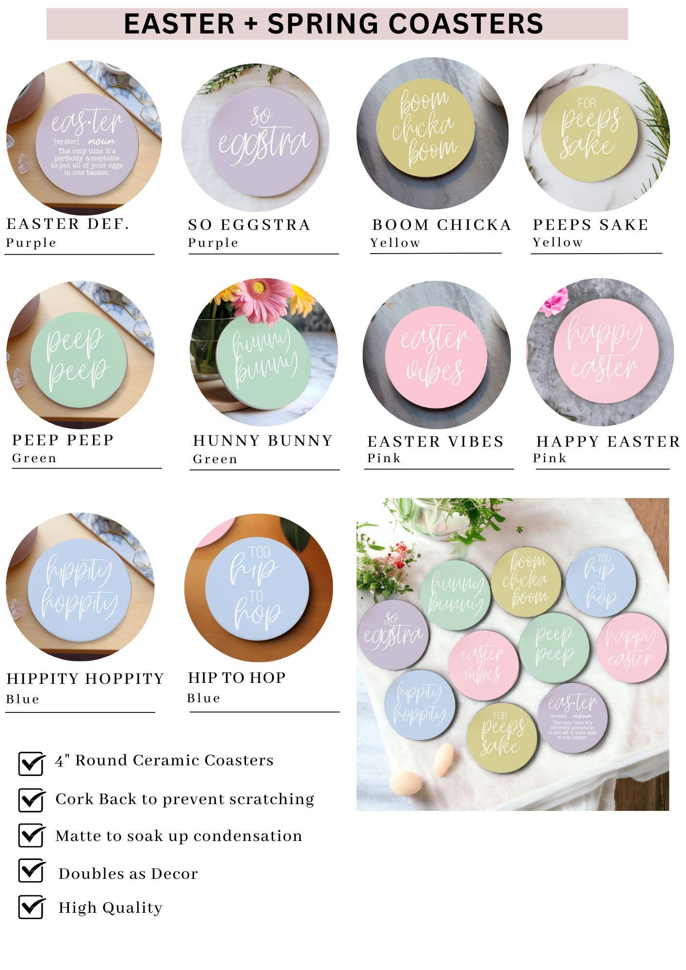 Easter Tabletop Decorations, Spring Coaster Gift Set Ceramic