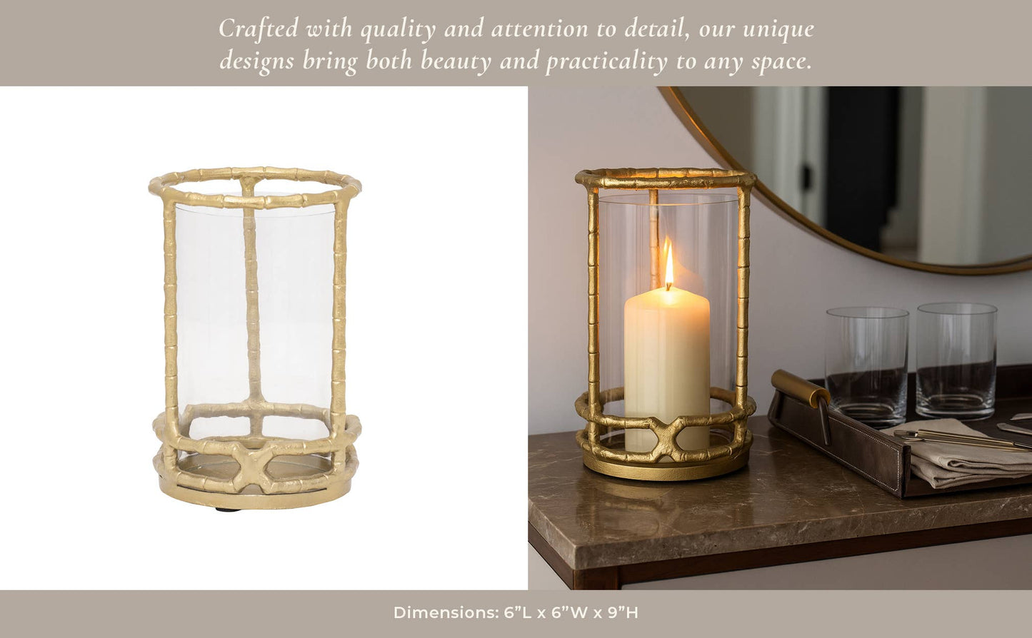 Hurricane Candle Holder - Gold Metal Cylinder Modern, 9 in.
