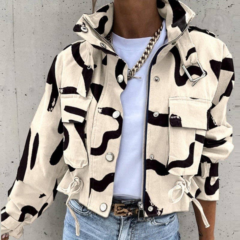 Printed Zip-Up Drawstring Short Jacket