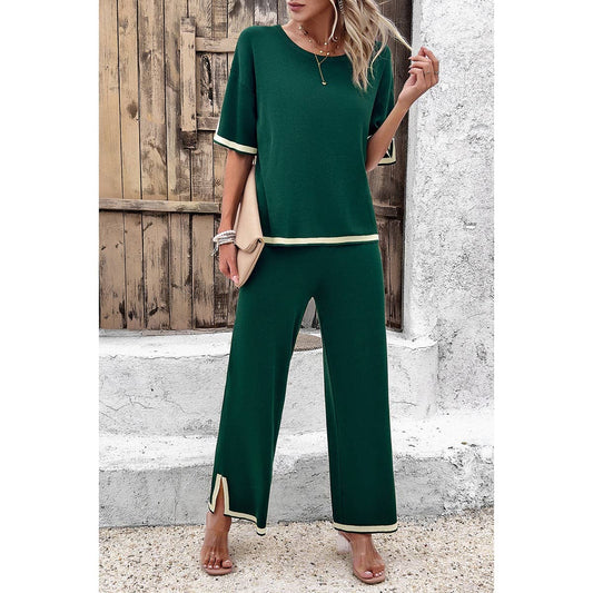 Two Pieces Round Neck Fit Blouse And Pants Sets
