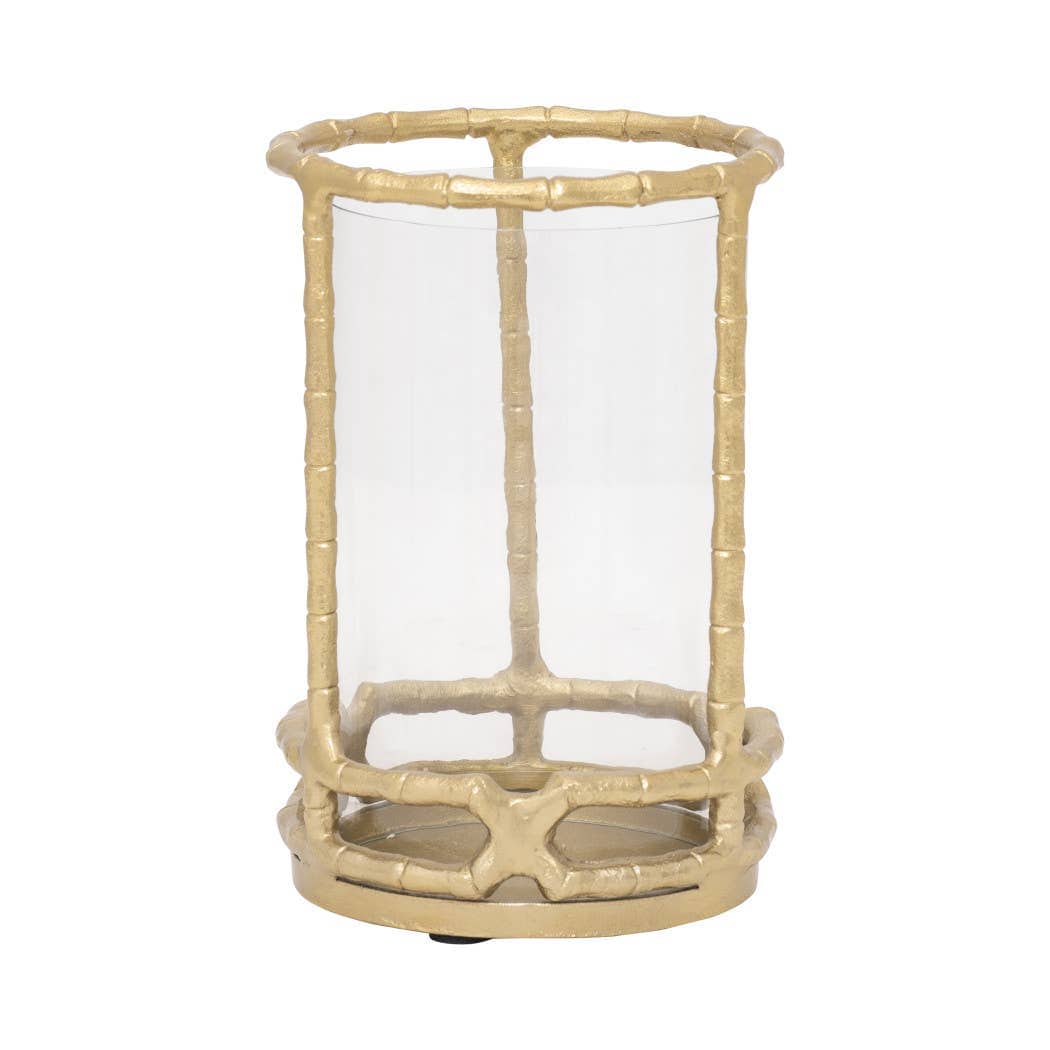 Hurricane Candle Holder - Gold Metal Cylinder Modern, 9 in.