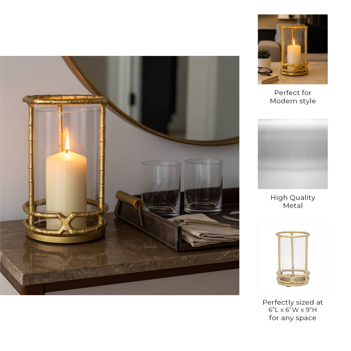 Hurricane Candle Holder - Gold Metal Cylinder Modern, 9 in.