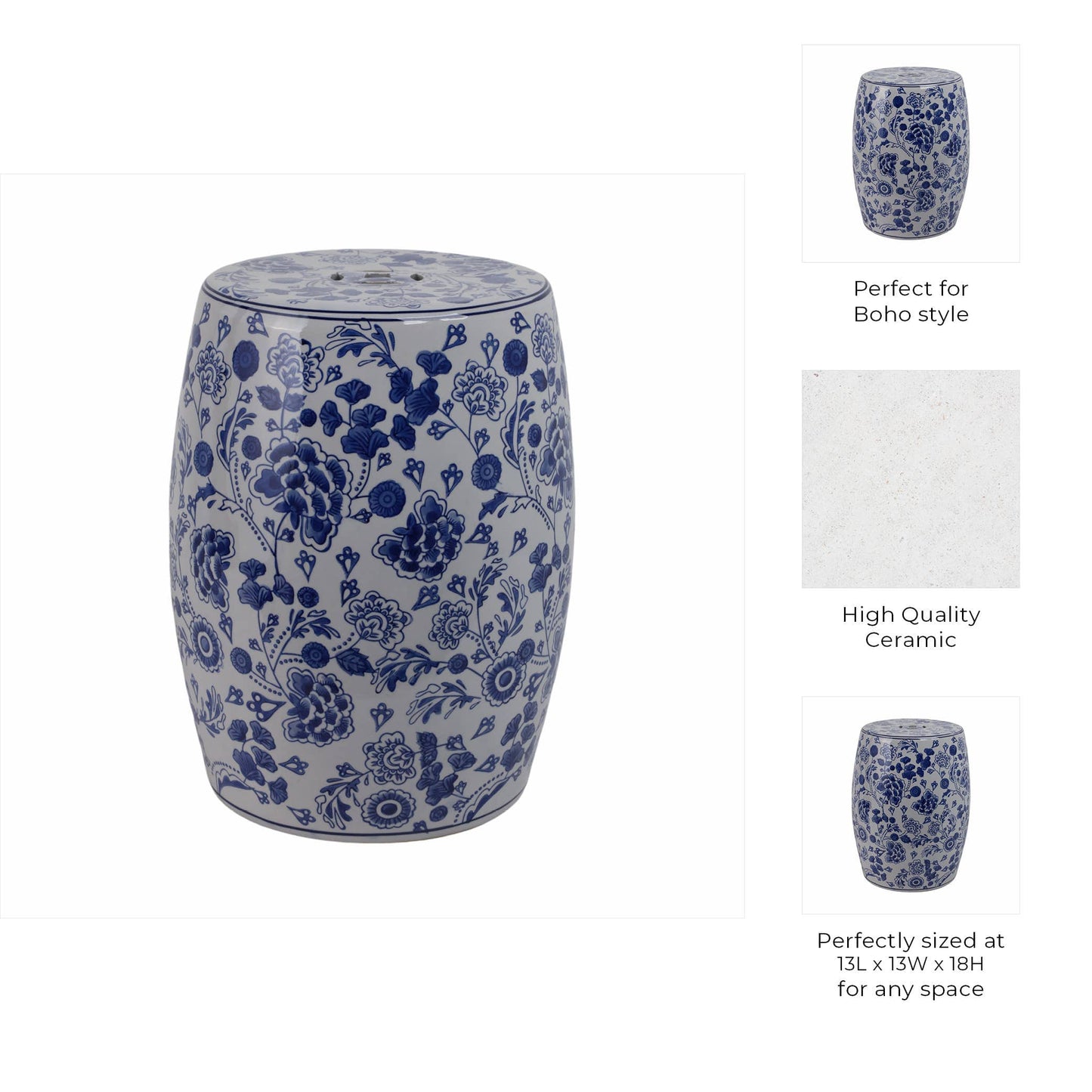 Ceramic Elegant Hydrangea Chinoiserie Stool - Blue, 17 in.